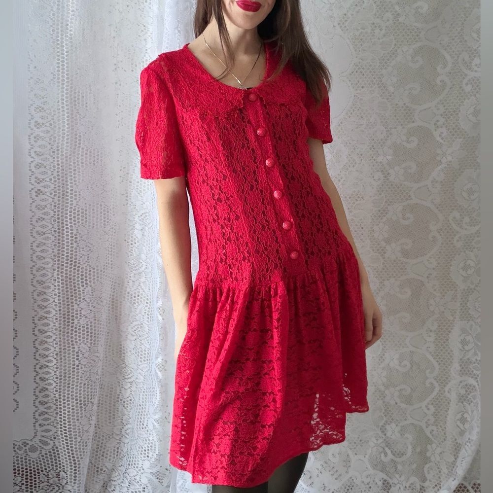 Vintage 90s Lace Dress Diana Marco Red Button Front - Picture 2 of 9